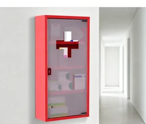 Red Lockable Stainless Steel Wall Mounted 4 Tier Storage Medicine Cabinet for Living Room Workshop Hospital Custom Available