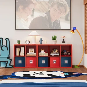 Red Metal TV Cabinet for Bedroom Modern Style Steel Storage Unit with Grids