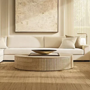 Reeded Stone Coffee Table Natural Travertine Marble Top Vertical Reeded Design Modern Luxury Pedestal Base Living Room