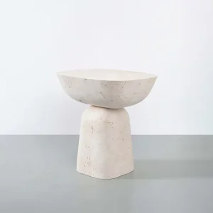 Refined Bowl Top Travertine Marble Side Table Matte Natural Pitted Stone Irregular Curved Top Contemporary Sofa End Table