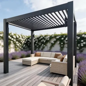 Residential Aluminum Gazebo Front Yard Bench Seating Area Outdoor Living Space Garden Decor Shade Structure Louvered Roof LED