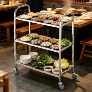 Restaurant 3 Shelf Steel Hotel Catering Food Cart Service Mobile Hot Pot Foldable Kitchen Trolley