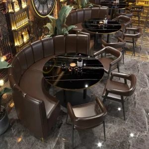 Restaurant Booth Seating Curved Leather Banquette Sofa Furniture with Round Dining Table for Commercial Restaurant Coffee Shop