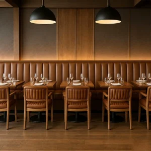 Restaurant Furniture Bar Exclusive Vintage Brown Bistro Wood Customizable Curved Upholstered Booth Sofas and Table Chair Sets