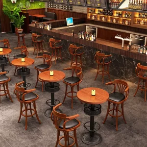 Restaurant Furniture Club Bar Chair and High Top Table and Stool Set Solid Wood Steel Base Durable Eco Friendly