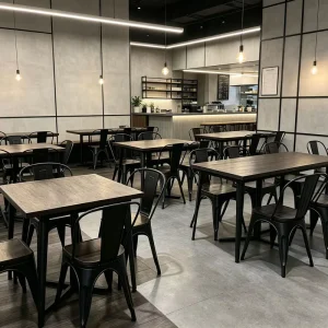 Restaurant Furniture Industrial Vintage Style Loft Iron Wooden Dining Table and Chairs for Fast Food Restaurant Sets