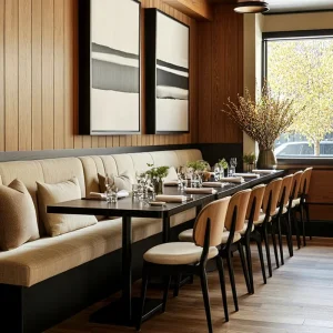 Restaurant Furniture Set Fabric Booth Sofa with High Back Coffee Shop Chairs Curved Design and Wood Rectangular Table for Cafe