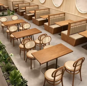 Restaurant Furniture Solid Wood Leather Commercial Sofa Booth Dining Table and Chairs Set Fast Food Snack Canteen Cafe Shop
