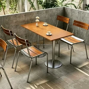 Restaurant Terrace & Garden Furniture Cafe & Bistro Outdoor Patio Dining Set Wood & Metal Rectangular Table and Chairs