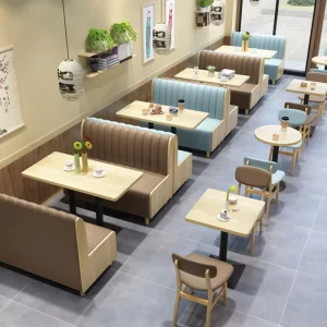 Restaurant Wooden Table Chair Set Light Blue Leather Sofa Booth Dining Minimalist Commercial Furniture for Cafe Coffee Shop