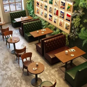 Retro Chesterfield Button Tufted Restaurant Booth Seating Green Leather Banquette Sofa Back to Back Dining Table Set
