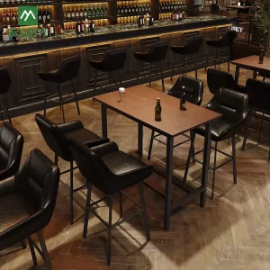 Retro Coffee Shop Black Metal Leather Bar Stools Tables Chairs Durable Eco Friendly Commercial Furniture Set for Restaurants