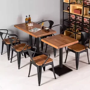 Retro Industrial Style Metal Frame Bar Dining Table and Chairs Set Rectangular Wooden Restaurant Dining Table