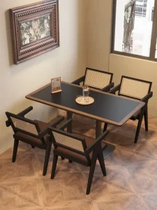 Retro Mid Century Modern Dining Set with Rattan Backrest Chairs and Pedestal Table for Cafe and Restaurant