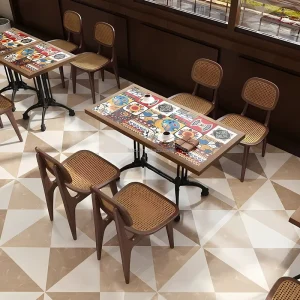 Retro Mosaic Pattern Ceramic Top Restaurant Dining Table Solid Wood Rattan Cane Chair Set for Coffee Shop Bistro Hotel Use