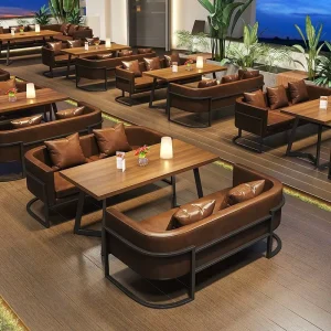 Retro Restaurant Furniture Solid Wood Table Chair Brown Leather Sofa Booth Seating Wine Bar Set for Cafe Pizza Commercial Use