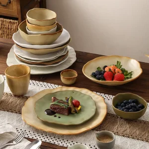 Retro Solid Color Bowl Plate Dish Set for Restaurants Hotels Home Use Unique Shaped Stylish Dessert Plates