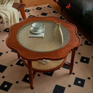 Retro Style Flower Shape Wabi Sabi Eco Friendly Designer Vintage Solid Wood Natural Rattan Coffee Table Walnut Color Living Room