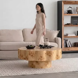 Retro Wabi Sabi Style Burl Wood Finish Wooden Coffee Table Floral Shape Living Room Furniture Vintage Coffee Table