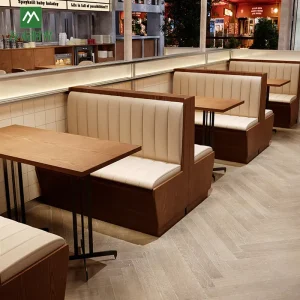 Retro Wood Commercial Furniture Set for Cafe Restaurant Hotel Dining Table and Chairs with Sofa Seat for Coffee Shops