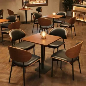 Retro Wood Tone Durable Dining Furniture Set with Curved Back Chairs Sleek Metal Legs for Restaurant Cafe Hotel Bar Areas