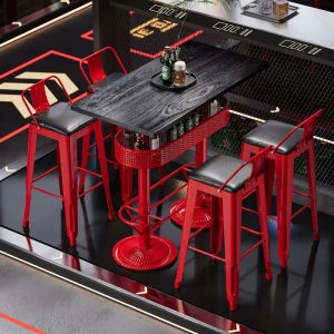 Retro Wrought Iron Custom Made Solid Wood Long Bar Counter Set with Lounge Tables and Chairs for Home Bar Hotel Commercial Use