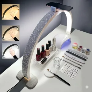 Rhinestone Half Moon Nail Desk Lamp with Phone Holder LED Manicure Table Light for Nail Salon and Nail Tech