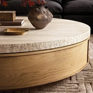 Rhoohill Customized America Style High Quality Living Room Coffee Table With Travertine Top Modern White Oak Round Tea Table