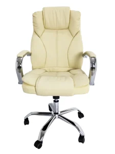 Rice White Executive Office Chair Premium Leather Swivel Boss Chair Height Adjustable Feature Fixed Armrests