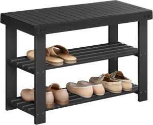 Robust Black Ink Heavy Duty Three Tier Bamboo Shoe Rack Bench with Storage Organizer and Seat for Entryway Bathroom Bedroom