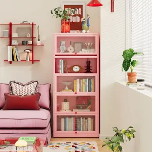 Robust Pink Metal Bookshelf with Flip Door for Living Room and Workshop