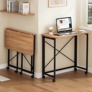 Rolling Folding Table with Lockable Wheels Space Saving Wooden Table for Kitchen or Office Compact Size Easy to Relocate
