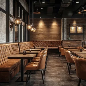 Ron Group One Stop Solution Hotel Restaurant Furniture Leather Chair High Back Tufted Booth Seating Square Solid Wood Table