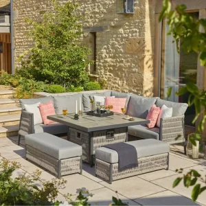 Rope Outdoor Sectional Sofa Set Backyard Lounge Set Garden Furniture with Adjustable Dining Table Patio Corner Sofa with Benches