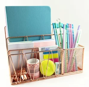 Rose Gold Office Desk Organizer with Pen Holder and Magazine Notebook Rack