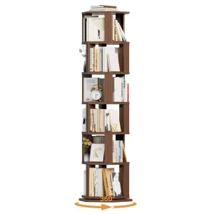 Rotating 360 Degree Hexagonal Bookshelf 70.9″ 6 Tier Wood Corner Bookcase Space Saving Display Rack for Living Room Bedroom Home Office