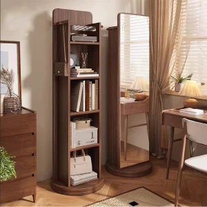 Rotating Full length Mirror Floor Standing Home Bedroom Movable Magazine Bookshelf Storage Integrated Fitting Mirror