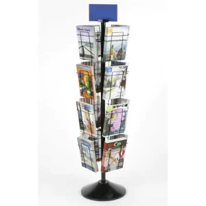 Rotating Wire Magazine Rack with 16 Pockets and Sign Holder Floor Standing 4 Sides Magazine Shelf for Store