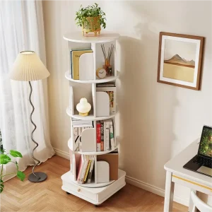 Rotating Wood Bookshelf with Drawer Modern 360 Revolving Storage Rack Freestanding Living Room Furniture for Home Office Hotel