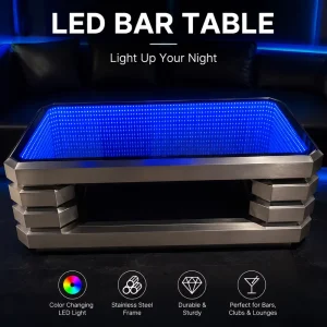 Round Bar High Tables for Outside LED Light Up Cocktail Table Infinity Mirror Stainless Steel Durable for Pub Club Garden Party