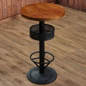 Round Bar Table with Wood Top and Cast Iron Base Industrial Pub Table with Footrest and Storage Basket for Bar Restaurant