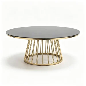 Round Black Glass Coffee Table Mirror Gold Stainless Steel Vertical Bar Base Luxury Hotel Wedding Banquet Side Tables