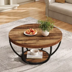 Round Coffee Table 31.7″ Wooden 2 Tier Circle Coffee Table With Storage Shelves Modern Accent Cocktail Table Center Table
