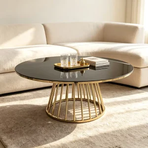 Round Coffee Table Black Tempered Glass Top Stainless Steel Frame Luxury Wedding Banquet Center Table
