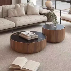 Round Coffee Table Mable Stone Top Wooden Storage Nordic Living Room Home Furniture Coffee Table Set