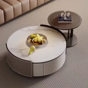Round Coffee Table Set Italian-style Light Luxury Saddle Leather Rock Slab Available in Various Sizes Modern and Minimalist
