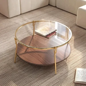Round Coffee Table with Glass Top Solid Wood Partitions Golden Stainless Steel Frame Sofa Center Table for Living Room