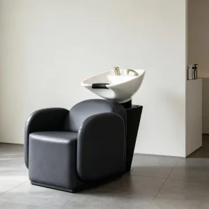 Round Curved Semi Reclining Shampoo Chair Dark Gray PU Backwash Station with White Ceramic Bowl for Hair Salon Barbershop Spa