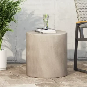 Round Cylinder Drum MgO Side Table Light Gray Modern Home Furniture Weatherproof Indoor Outdoor Solid Accent End Table