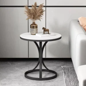 Round End Table With Sintered Stone Top Black Metal Frame Double Layer Side Table Modern Minimalist for Sofa Living Room